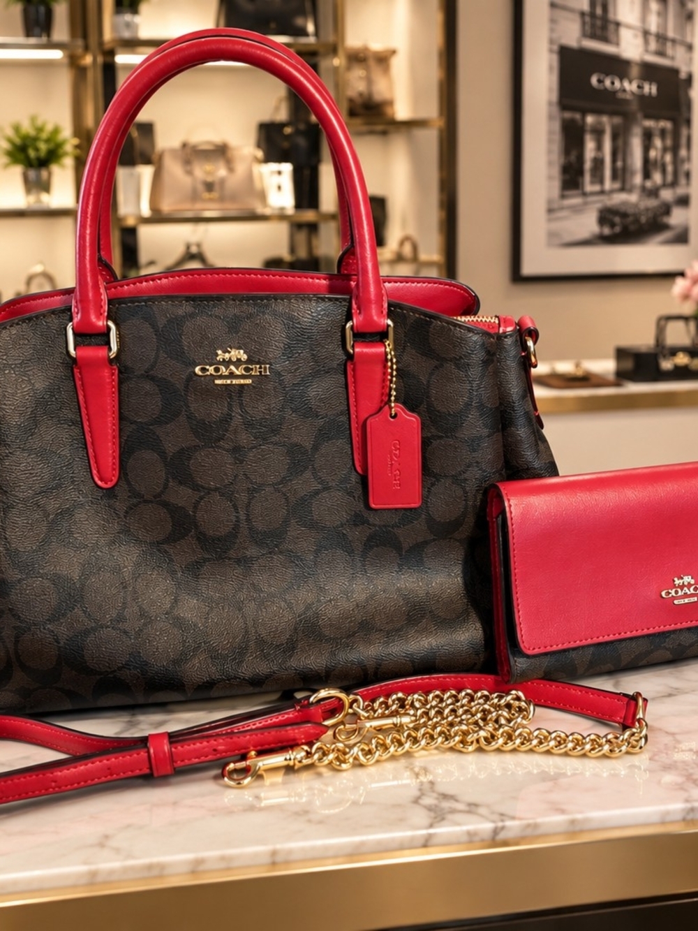 COACH Brown Signature Satchel with Red Leather Trim. SET with wallet